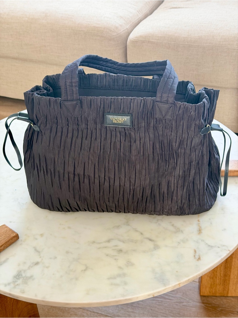 Victoria's Secret Black Ruched Tote with Top Handles
